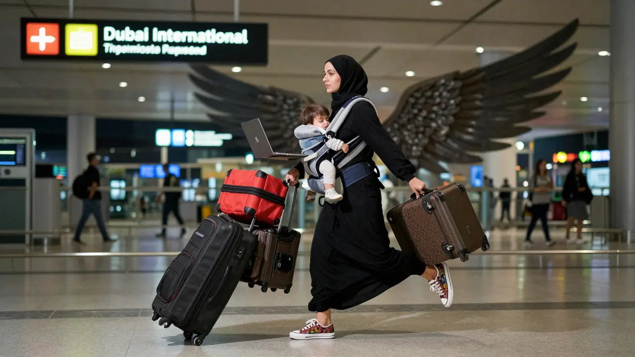 A woman rushing through Dubai Airport at night, juggling luggage and a sleeping child, determined expression lit by airport glow.