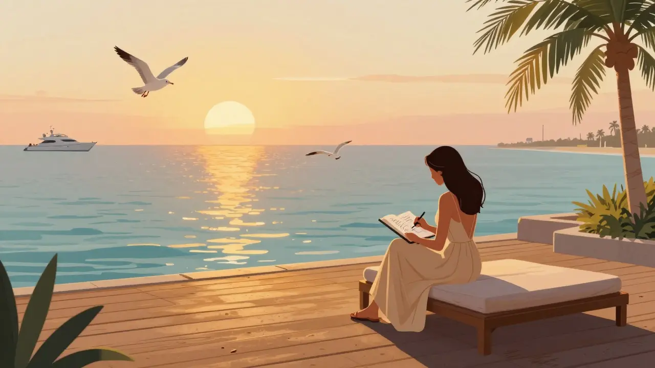 A woman sketching alone at The Deck at JBR at sunset, overlooking the calm Arabian Gulf.