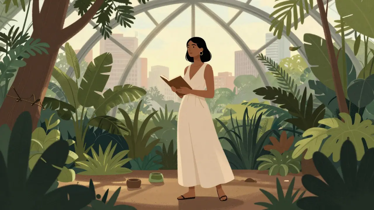 A woman standing peacefully in Green Planet's biodome, surrounded by greenery and morning light.
