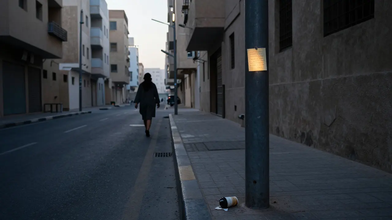An empty Bur Dubai alley at dawn, a faded sticky note with a phone number on a utility pole, a distant silhouette walking away.