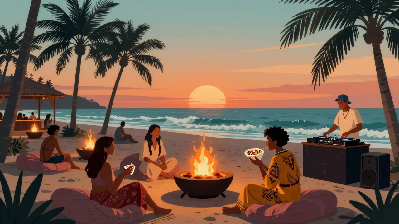 Beachside lounge at La Mer with fire pits, palm trees, and people enjoying music and food.