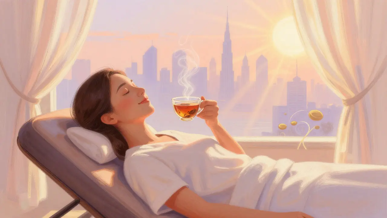 Client resting with herbal tea after massage, Dubai skyline view