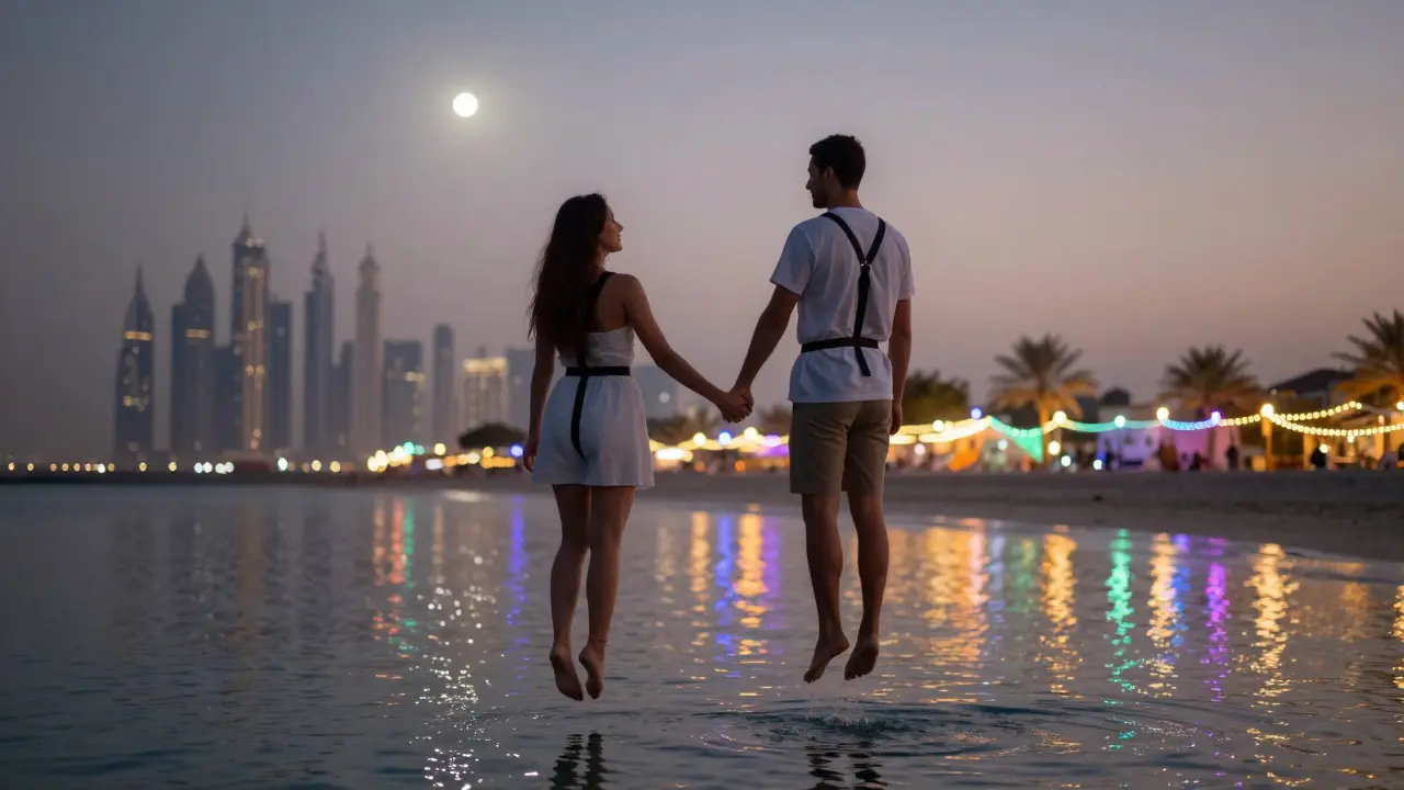 Couple floating above beach taking photos with Dubai skyline at night