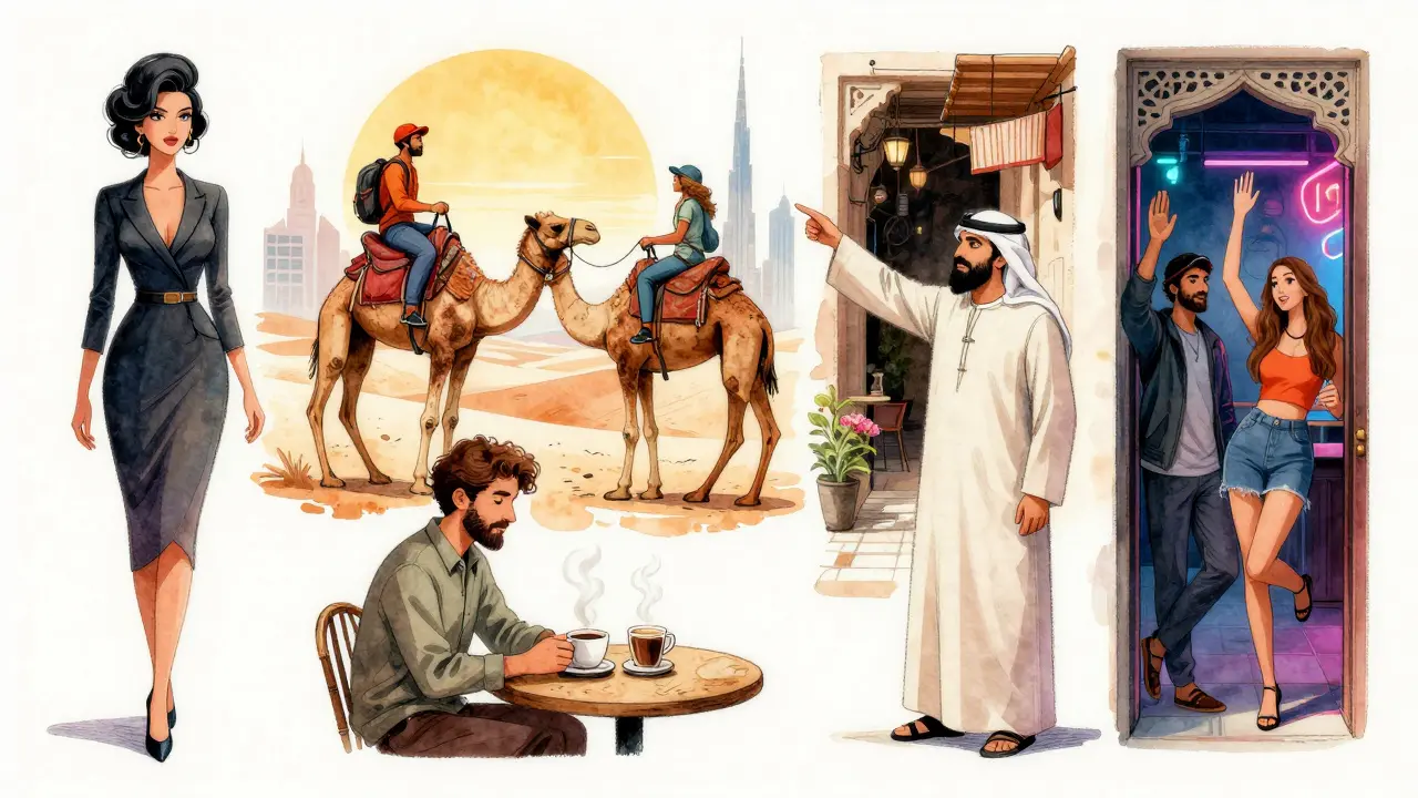 Five types of companions in Dubai: elegant, adventurous, quiet, cultural, and nightlife-focused, each in their setting.