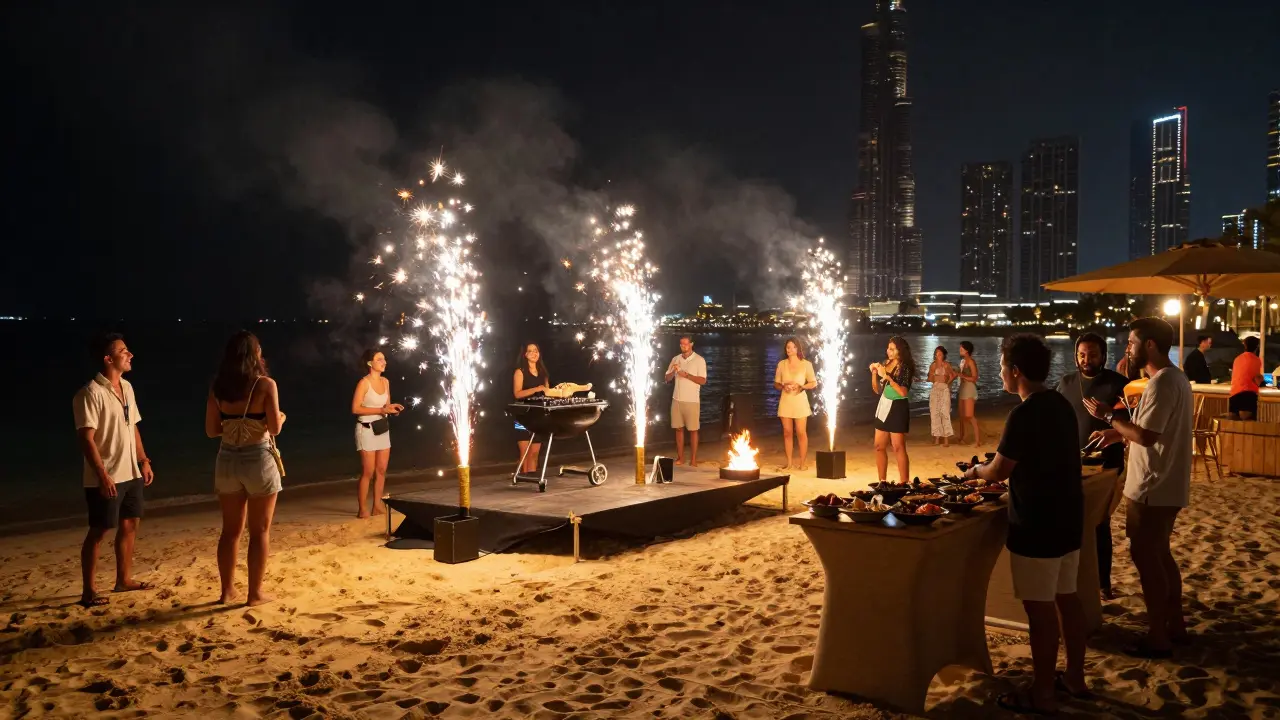 Floating DJ platform over water at Catch Beach Club with fire pits, seafood stalls, and sparklers lighting up the night.