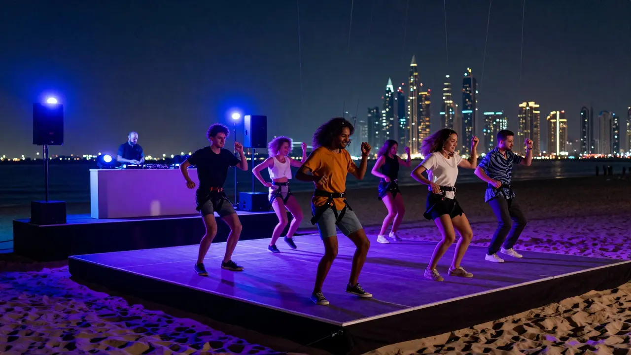 Group dancing on floating platform above sand with neon lights and DJ booth at night