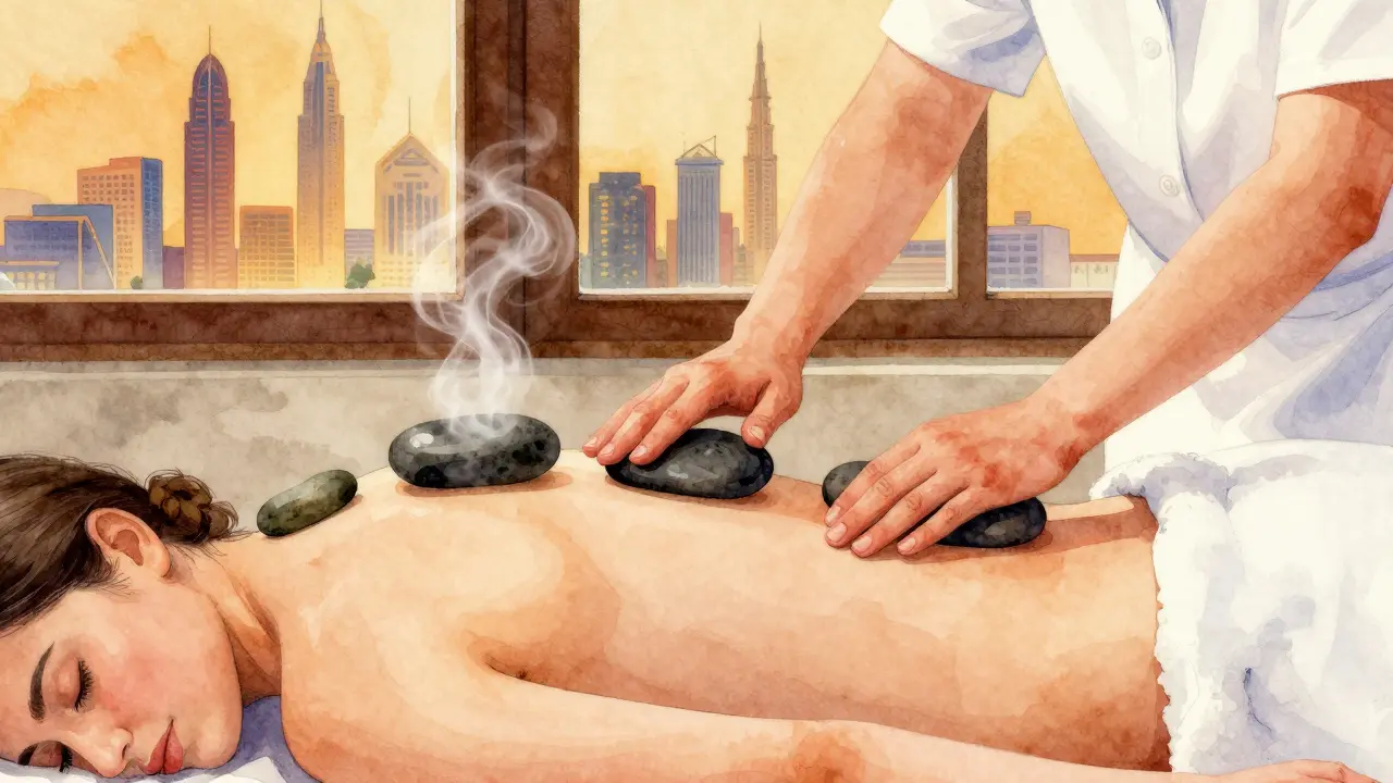 Hot stone massage with steam and body contact in serene spa setting