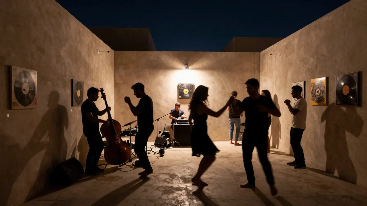 Late-night jazz performance in an art gallery space in Alserkal Avenue, Dubai.