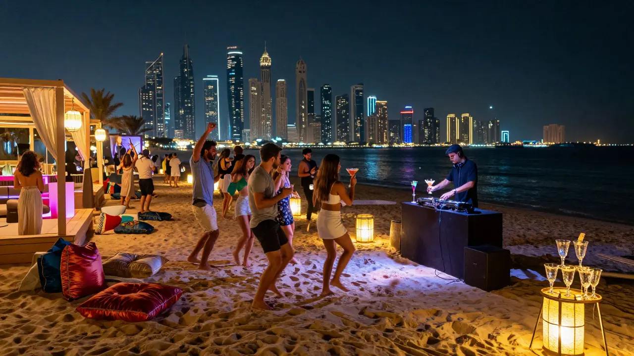 Nighttime crowd dancing on sand at Nikki Beach Dubai under glowing cabanas and neon lights, Burj Khalifa skyline behind.