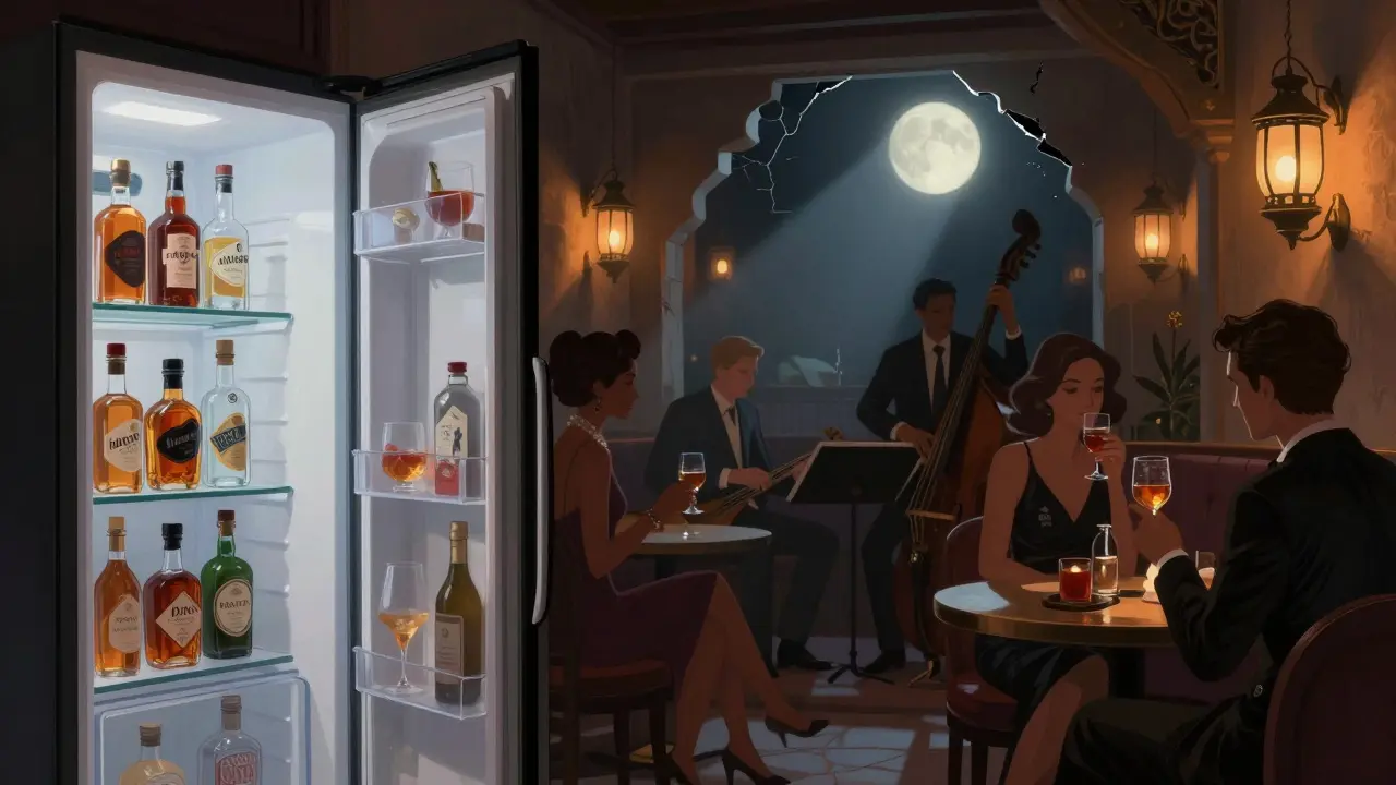 Patrons in a dimly lit hidden bar sipping gin beside whiskey shelves with live jazz playing.