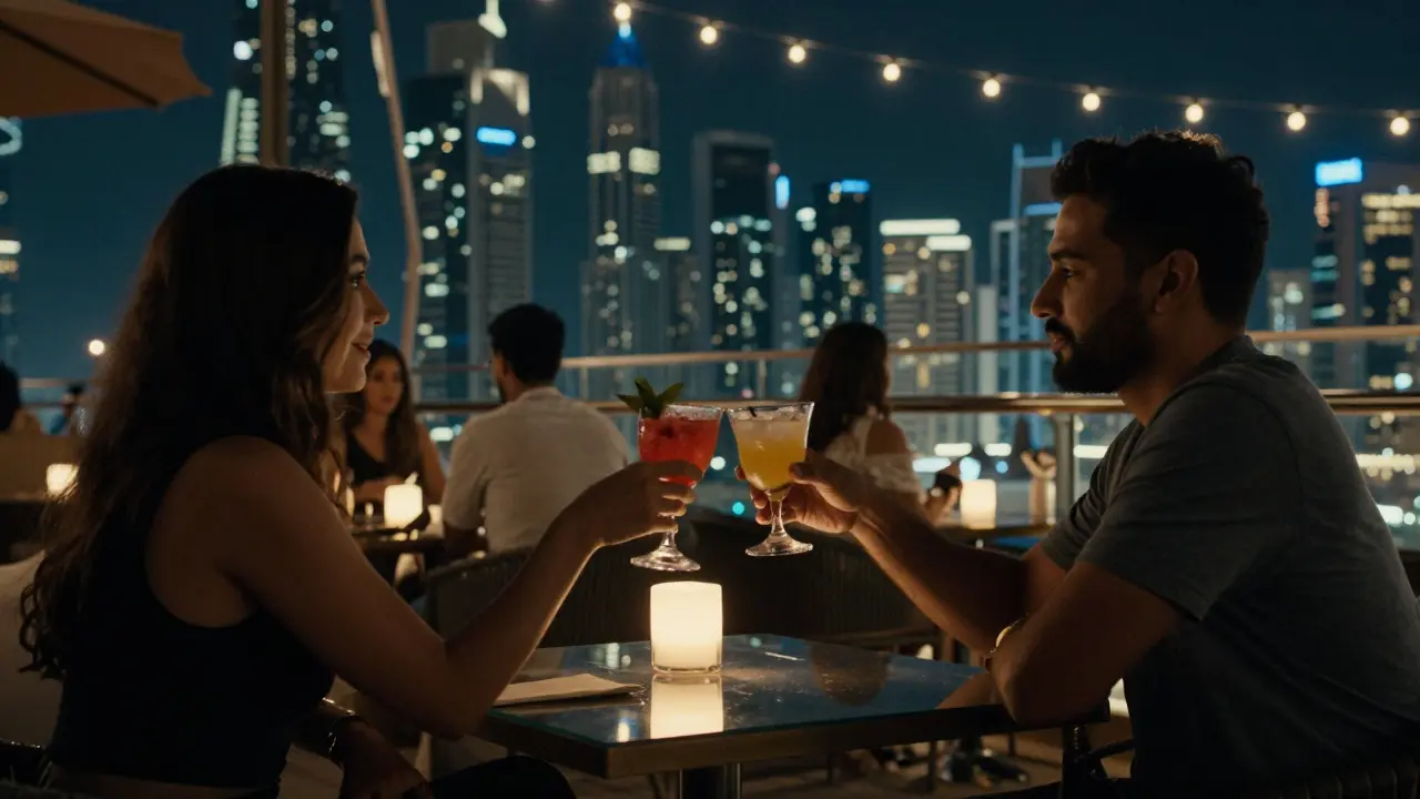 Rooftop lounge in DIFC with Dubai skyline lights at night.
