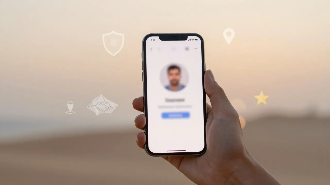 Smartphone with a verified companion profile, surrounded by symbols of trust, safety, and connection in Dubai.