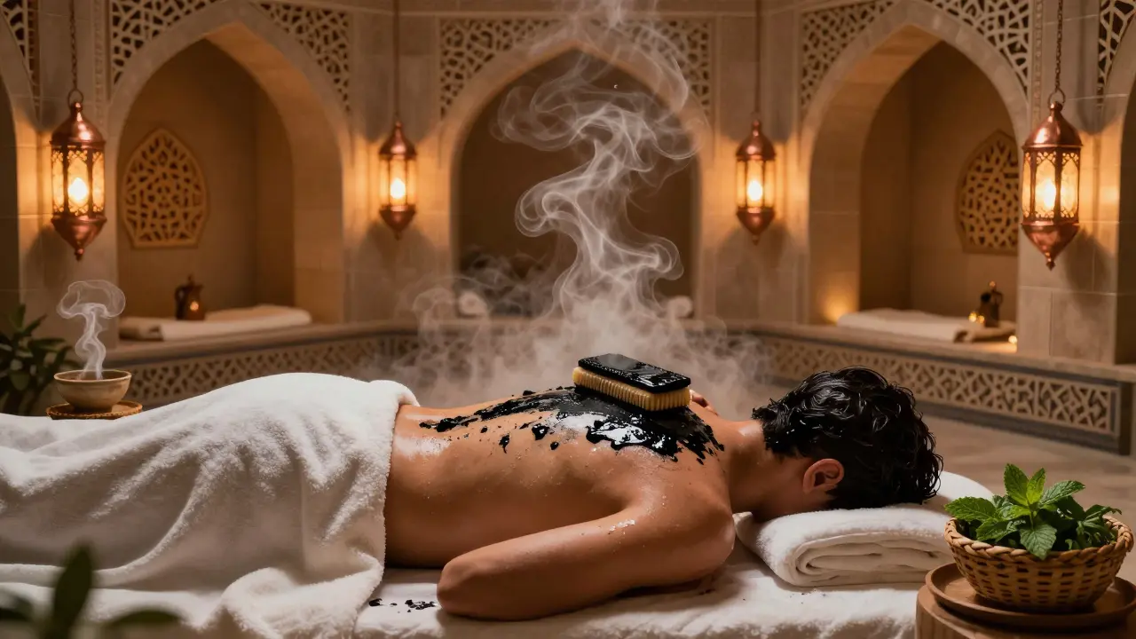 Someone undergoing a traditional Arabian hammam ritual with steam, black soap, and copper lanterns in a tiled bathhouse.