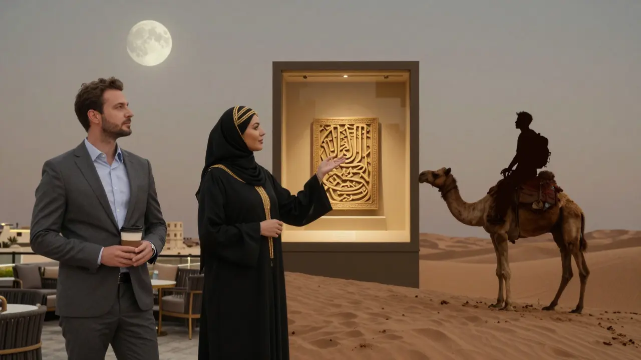Three types of companions in Dubai: executive, cultural, and adventure, each in their signature setting under moonlight.