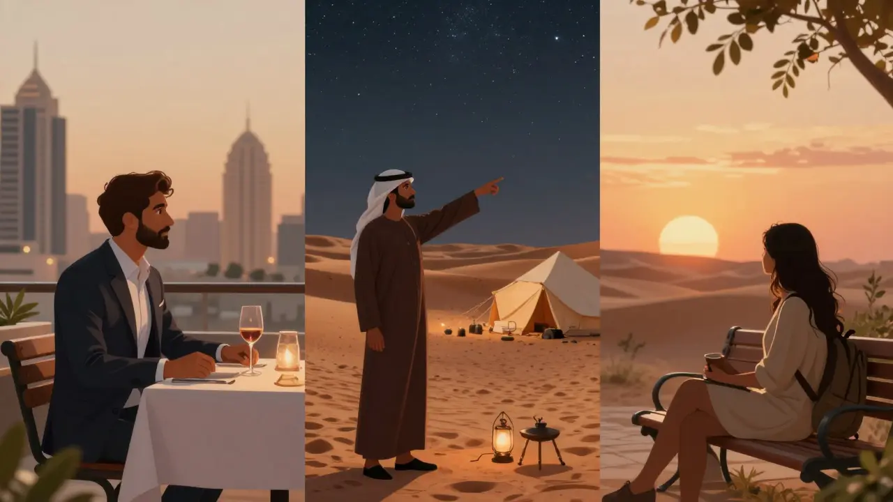 Three types of companions in Dubai: professional, experience guide, and emotional support, each in their setting.