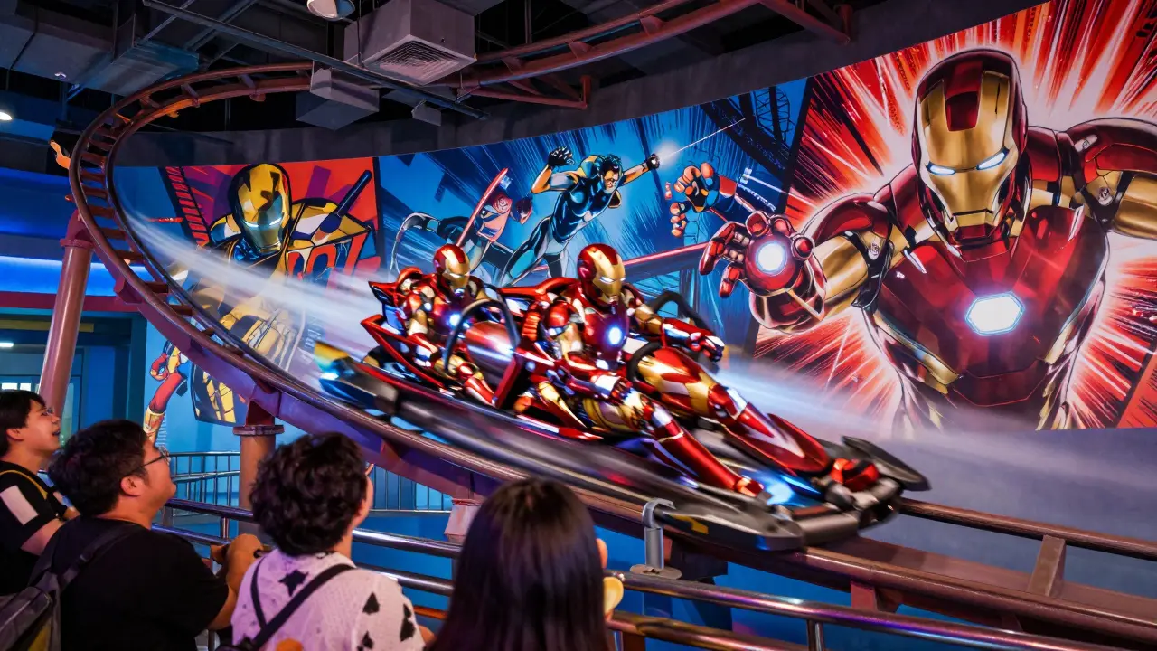 Thrilling Marvel-themed roller coaster inside IMG Worlds of Adventure.