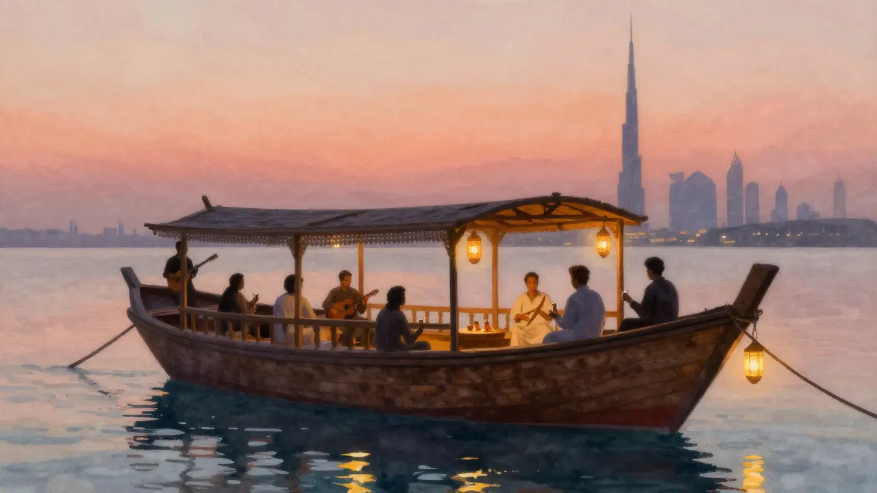 Traditional dhow boat at twilight with lanterns and skyline silhouette, peaceful cultural ambiance.