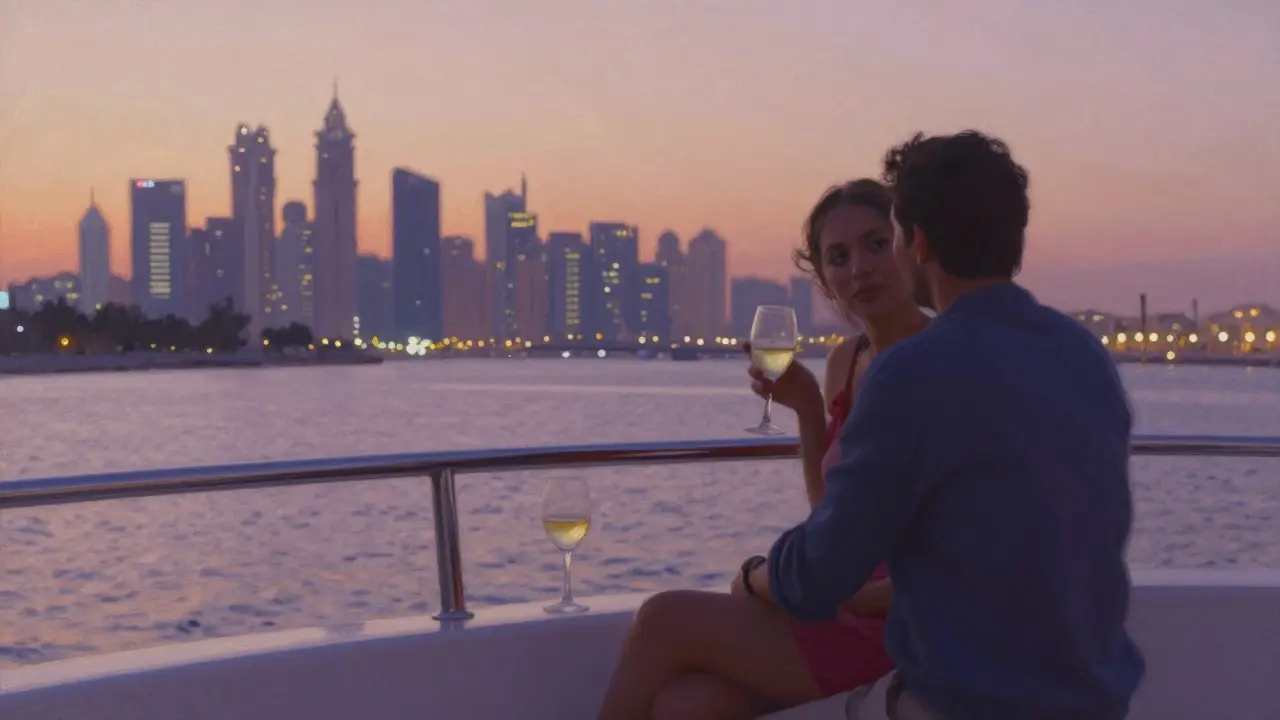 Two people enjoy a serene sunset on a private yacht along Dubai Creek, no words needed.