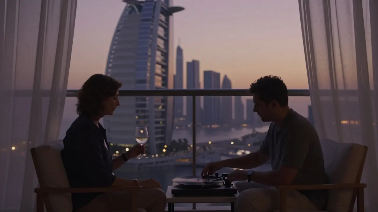 Two people sit in silent companionship on a balcony at sunset, Dubai skyline behind them, sharing a quiet moment.