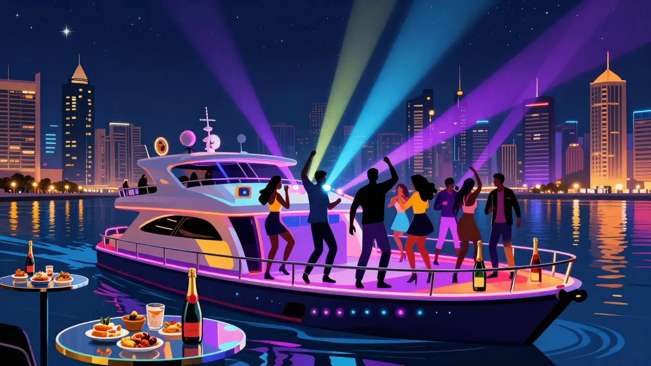 Vibrant nighttime party barge with neon lights, dancing guests, and Dubai Marina skyline reflections.