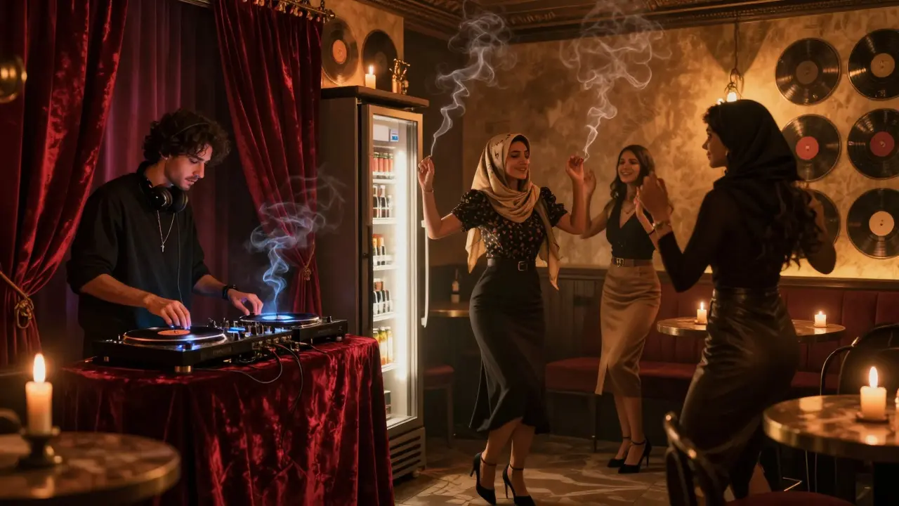 Women dancing in a hidden speakeasy behind a fridge door, lit by amber candles and vinyl records.