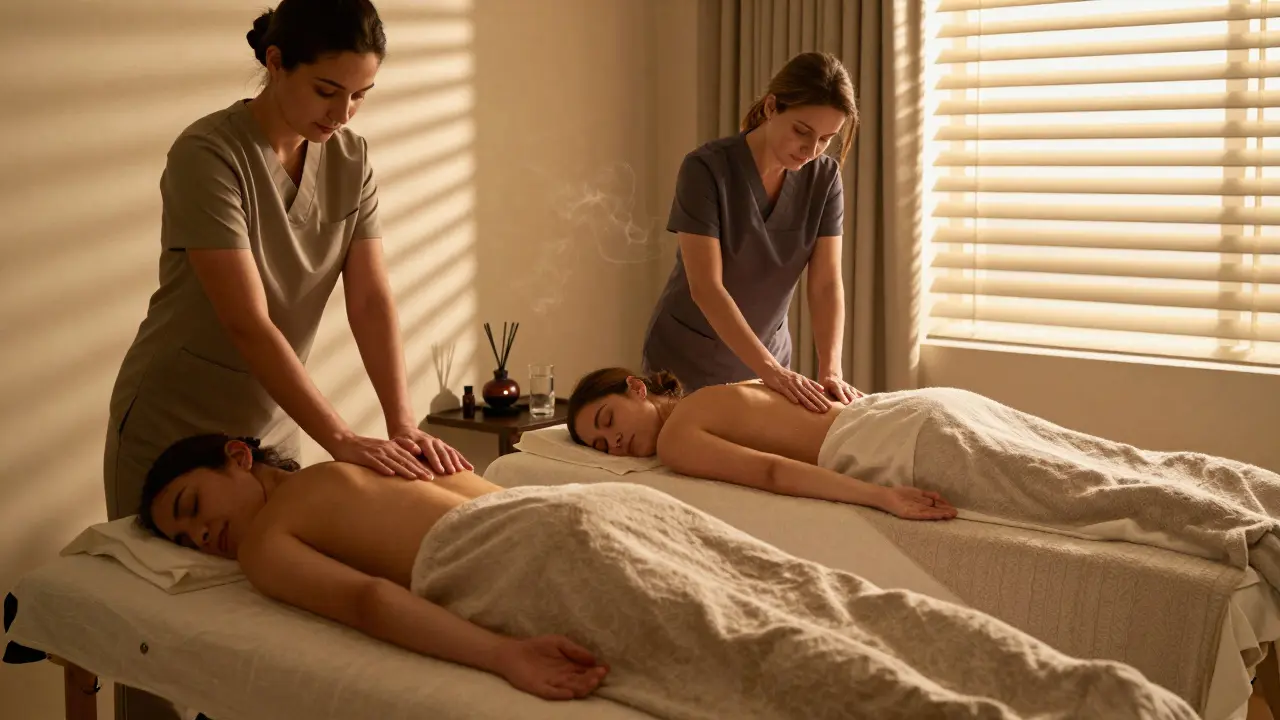 A couple receiving side-by-side massages in a bedroom, both relaxed under towels, with warm light and a diffuser creating a peaceful atmosphere.