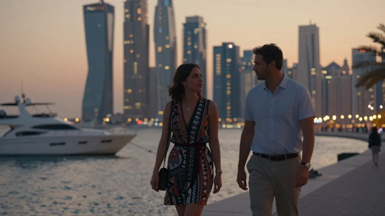 A couple strolling along Dubai Marina at sunset, enjoying a peaceful evening together.