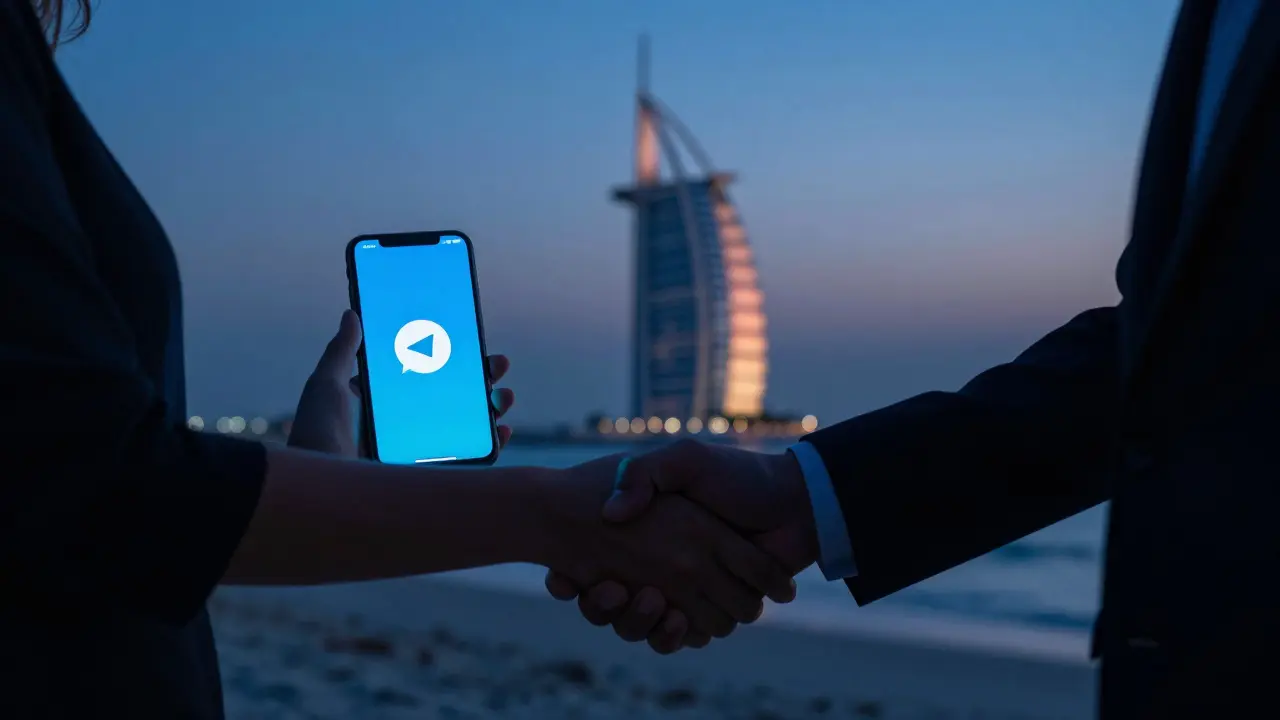 A discreet digital connection between client and escort through encrypted messaging, with Dubai skyline in the background.