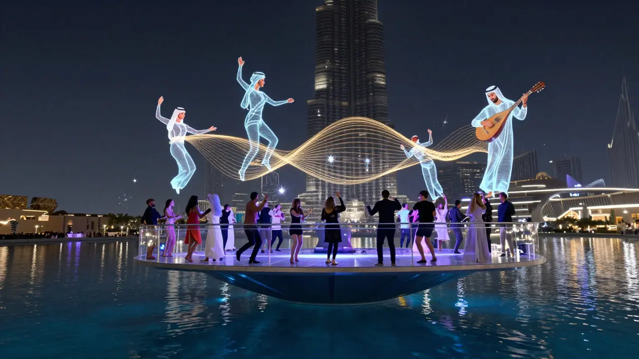 A floating platform above water where people dance under holograms and starlight at night.