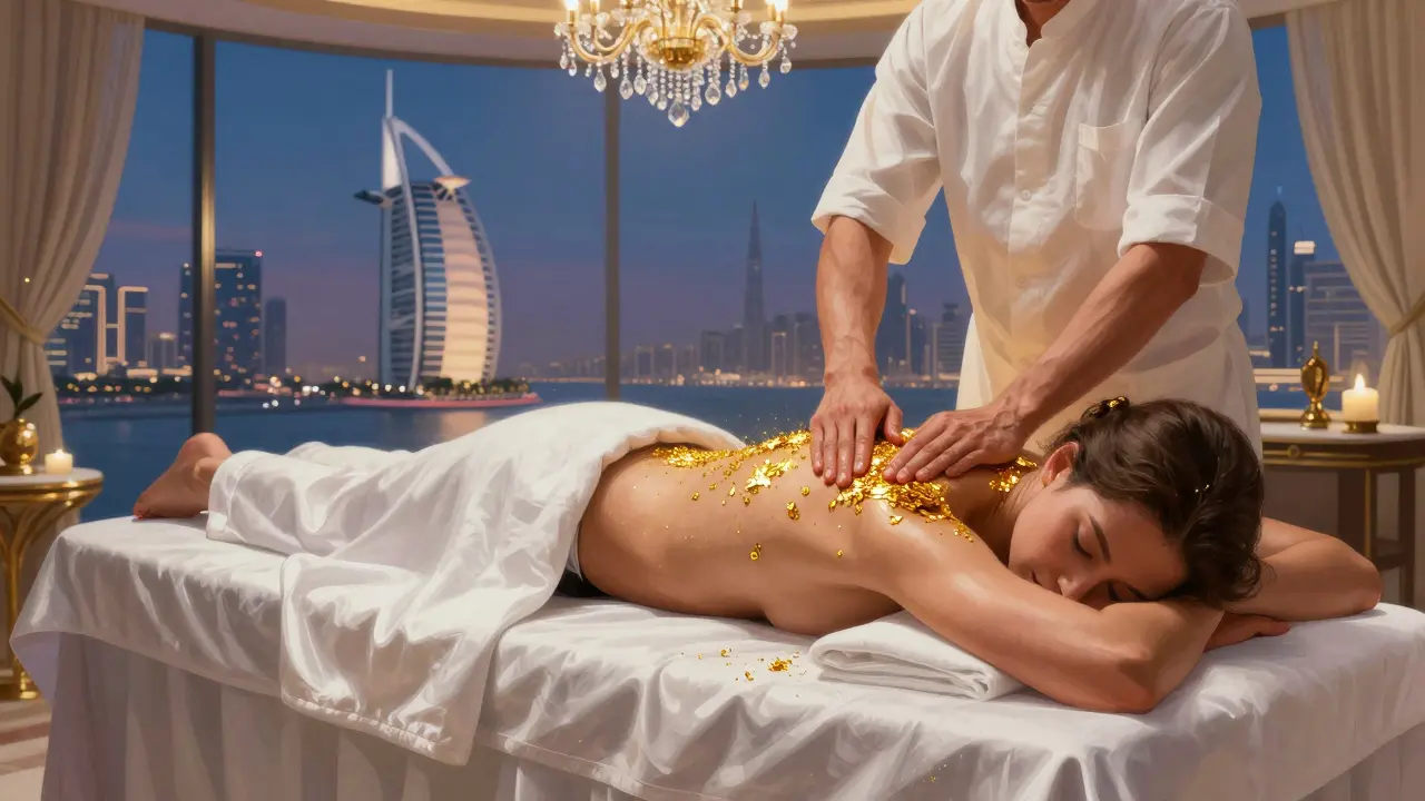 A luxury gold leaf massage with shimmering gold flakes applied to the shoulders under a crystal chandelier.