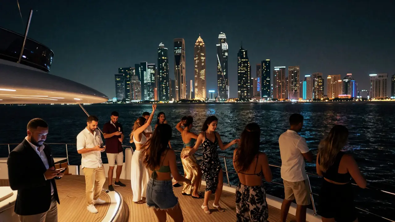 A luxury yacht nightclub cruising at night along Dubai’s coast with guests dancing under the stars.