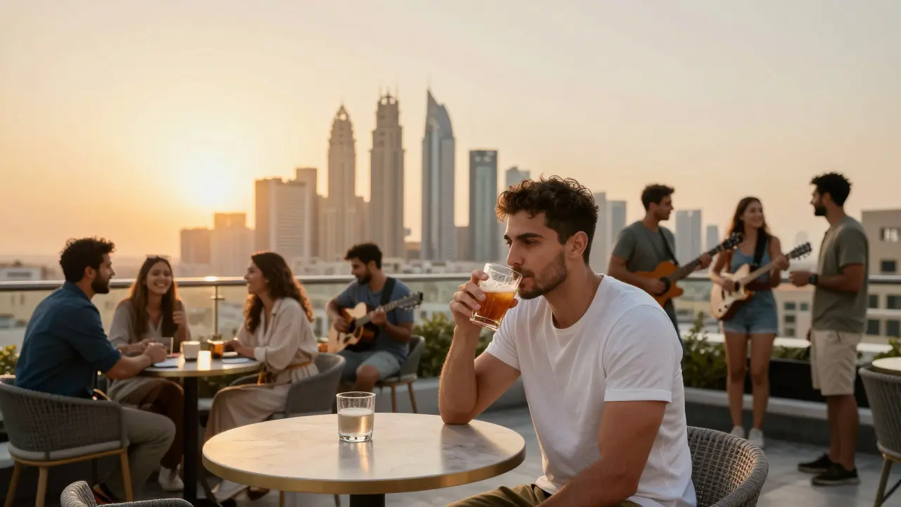 A man at a Dubai rooftop bar surrounded by people enjoying live music and community, symbolizing safe social connection.