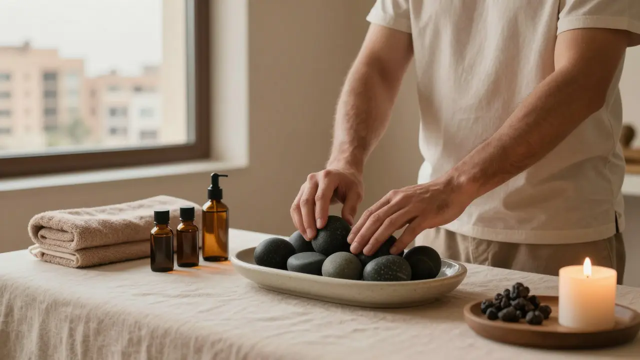 A massage host prepares heated stones and herbal oils in a minimalist Dubai studio, bathed in morning light.