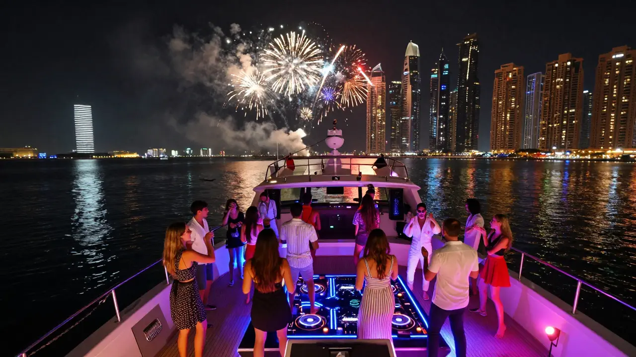A nighttime yacht party with LED lights, dancing guests, and fireworks reflecting on Dubai’s skyline.