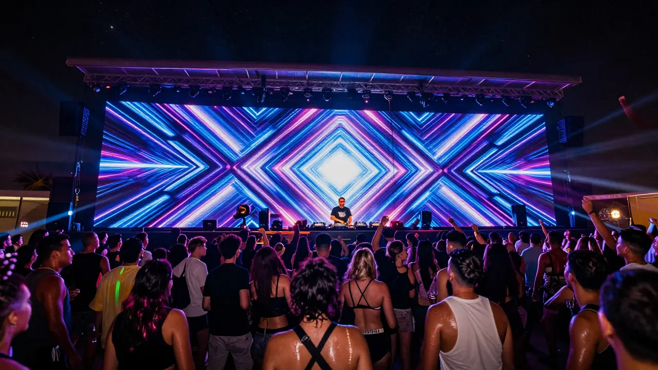 A packed nightclub with massive LED walls, dancing crowd, and bass-pulsing energy under a starlit open roof.