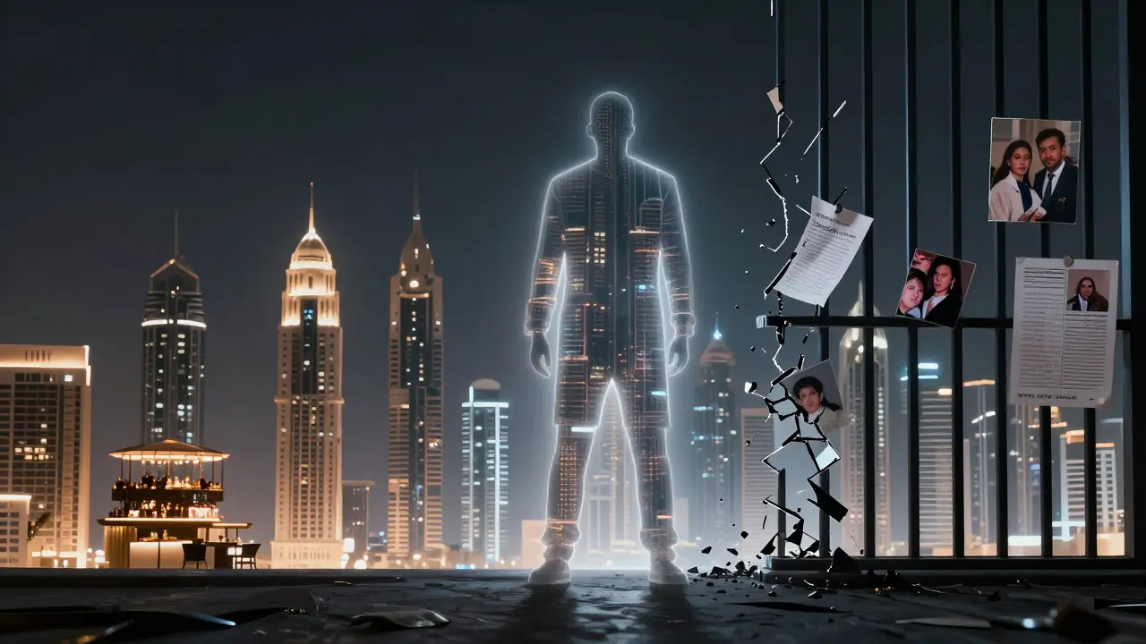 A person's silhouette splits between luxury life and prison bars, symbolizing the cost of breaking UAE laws.