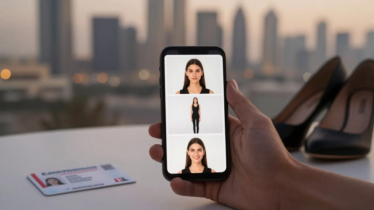A phone showing three natural model photos beside an Emirates ID and heels, symbolizing how to start modeling.