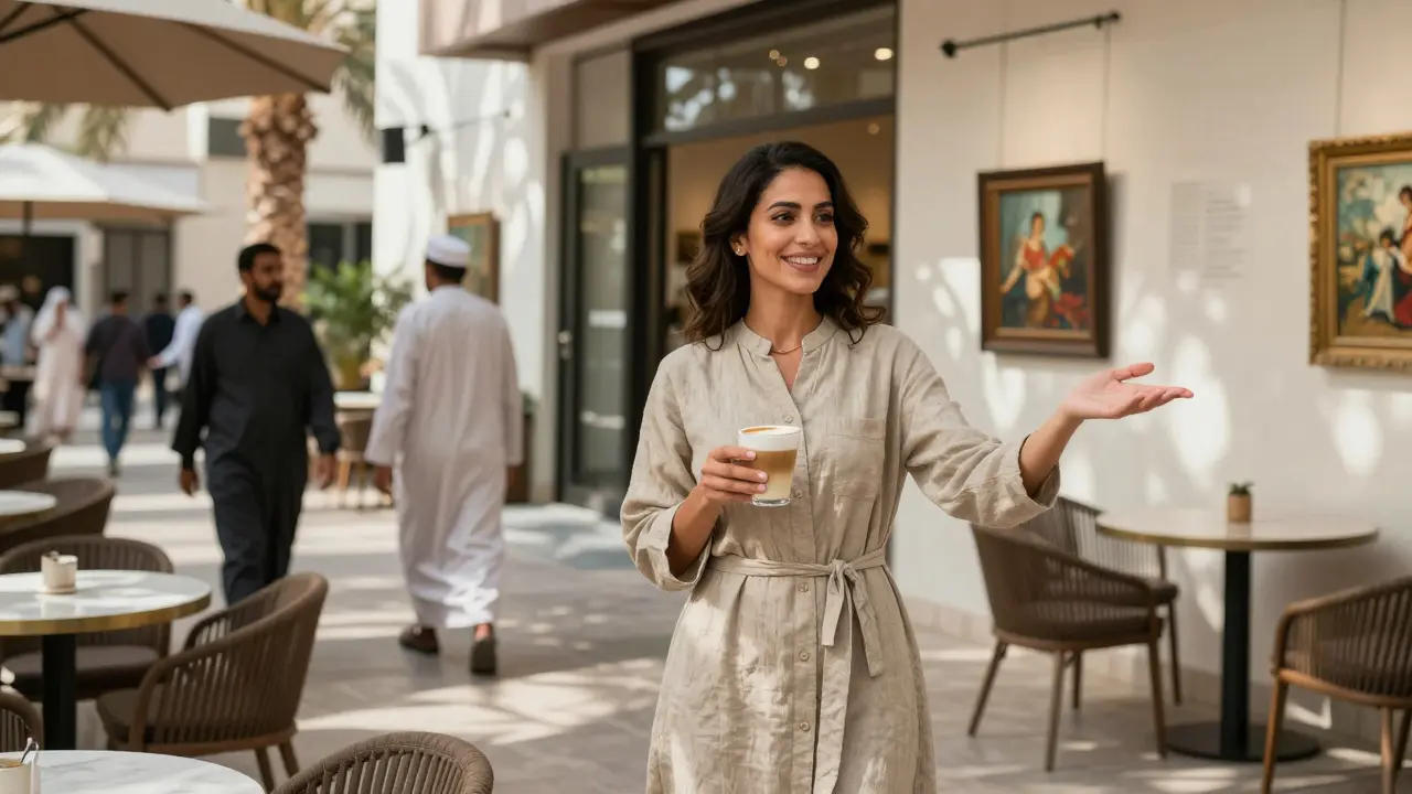 A professional Emirati woman standing outside a café in Jumeirah, pointing toward an art gallery as locals pass by.