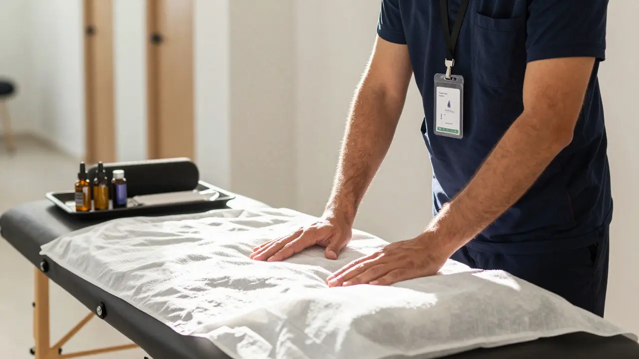 A professional therapist carefully setting up a massage table with clean linens and oils in a clean Dubai apartment hallway, showing attention to hygiene and detail.