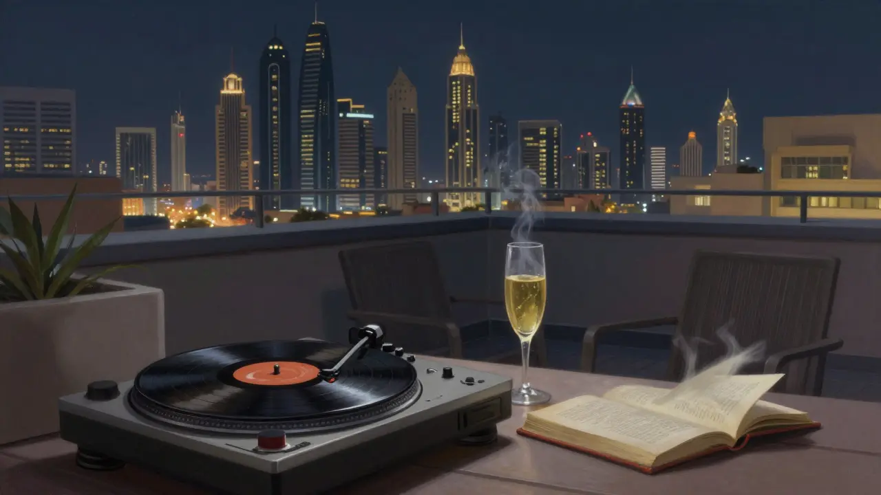 A rooftop terrace in Dubai at night with a vinyl record playing and skyline lights glowing.