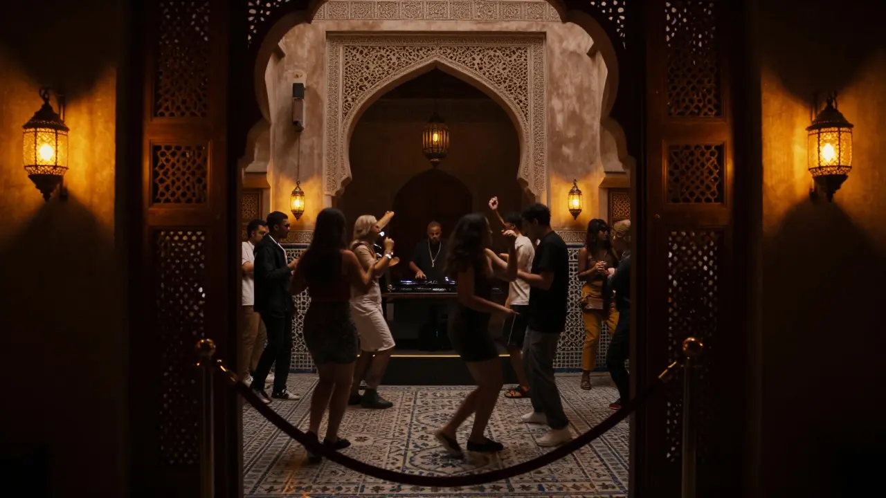 A secretive underground club with dim lighting, velvet rope entrance, and dancers moving to deep house music in shadowy Arabian surroundings.