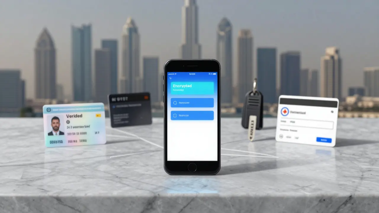 A sleek phone, ID card, hotel key, and payment confirmation on marble surface, symbolizing discreet, verified companionship in Dubai.