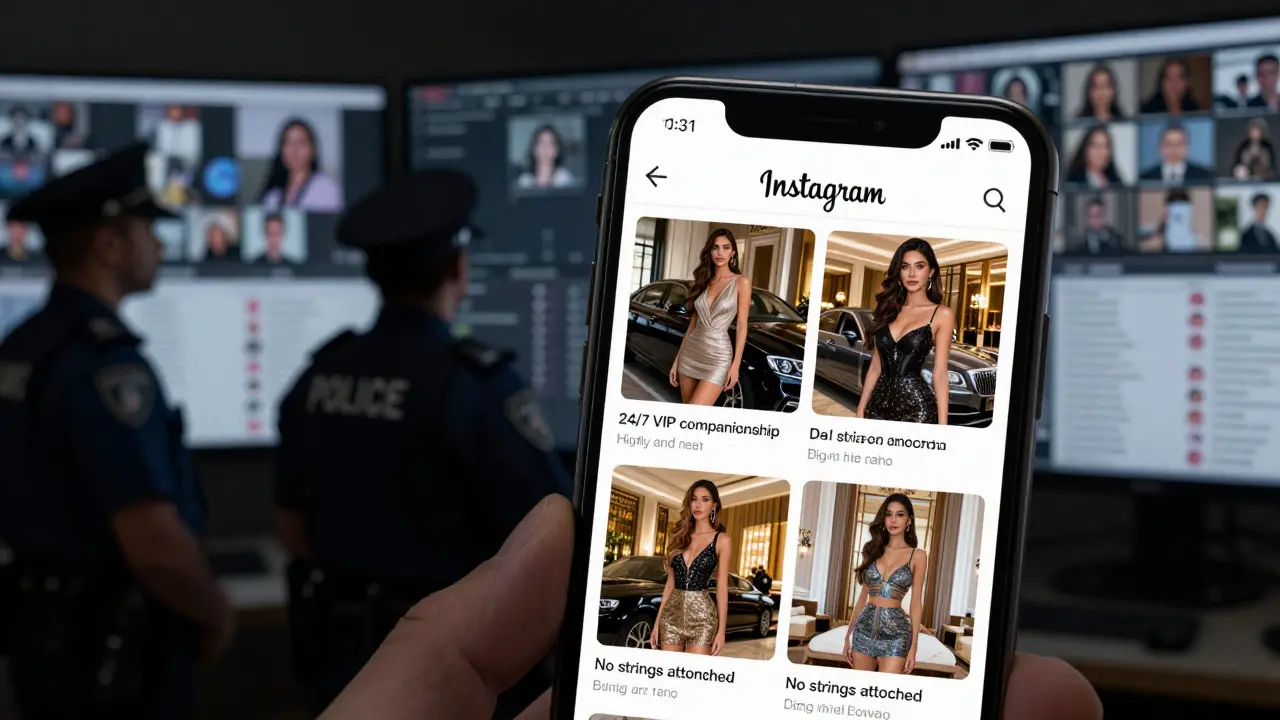 A smartphone screen displaying glamorous escort ads, with police monitoring surveillance feeds in the background.