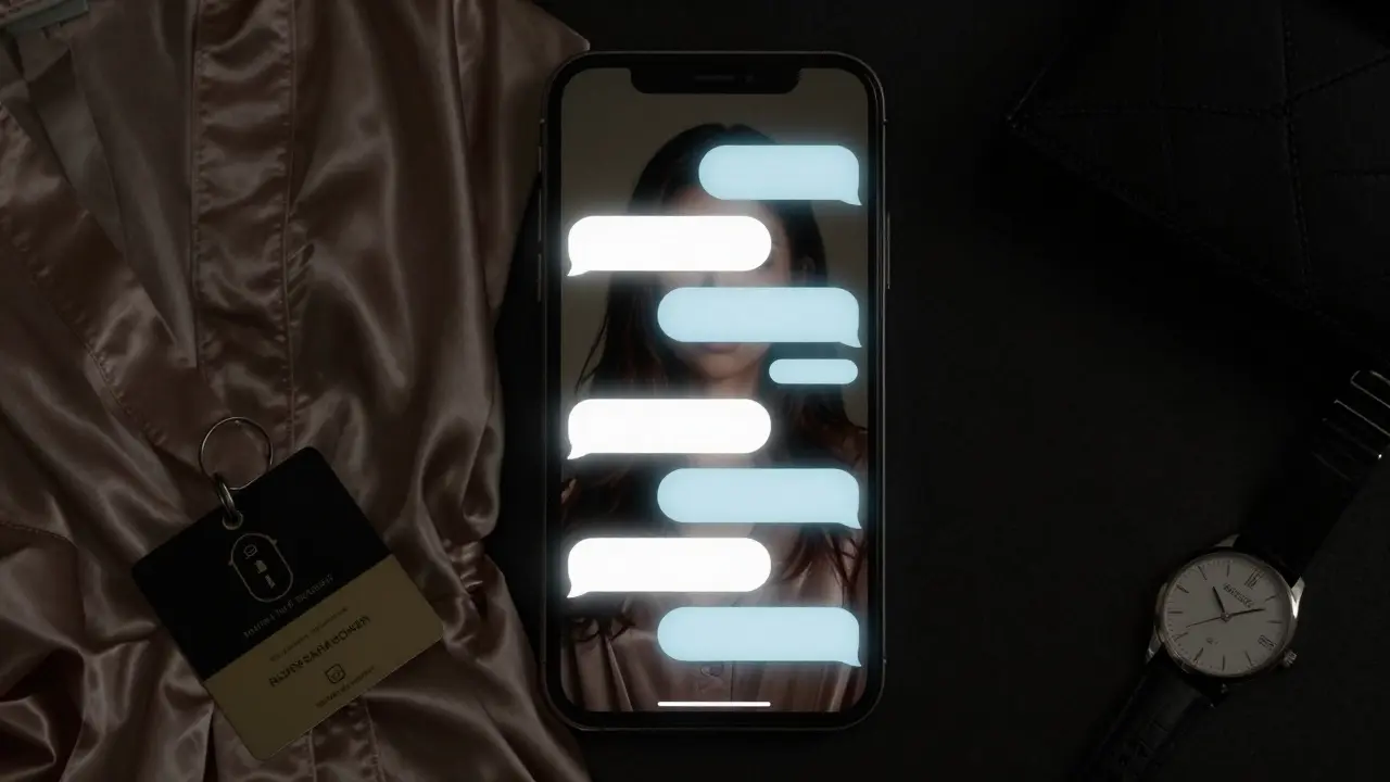 A smartphone screen glowing in darkness, reflecting a woman’s face, surrounded by luxury items in a secretive setting.