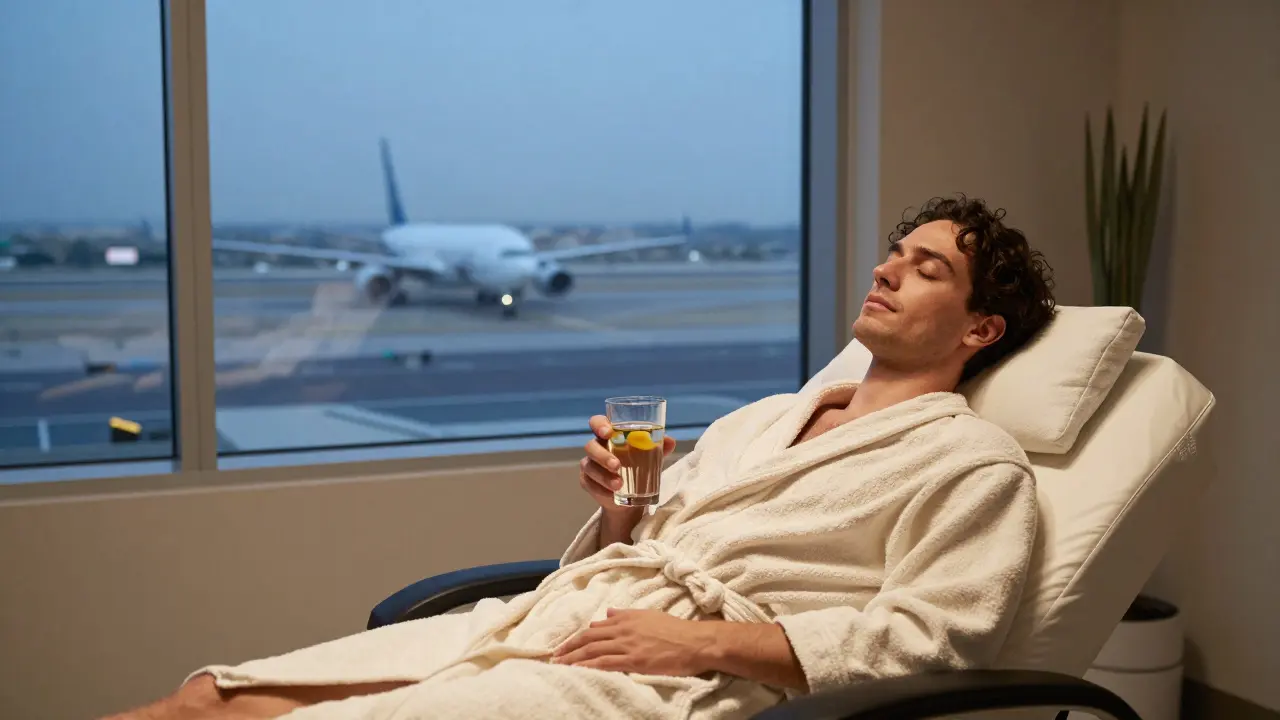 A solo traveler relaxing after a massage at Dubai Airport Spa, holding water, with planes visible through a window at dusk.