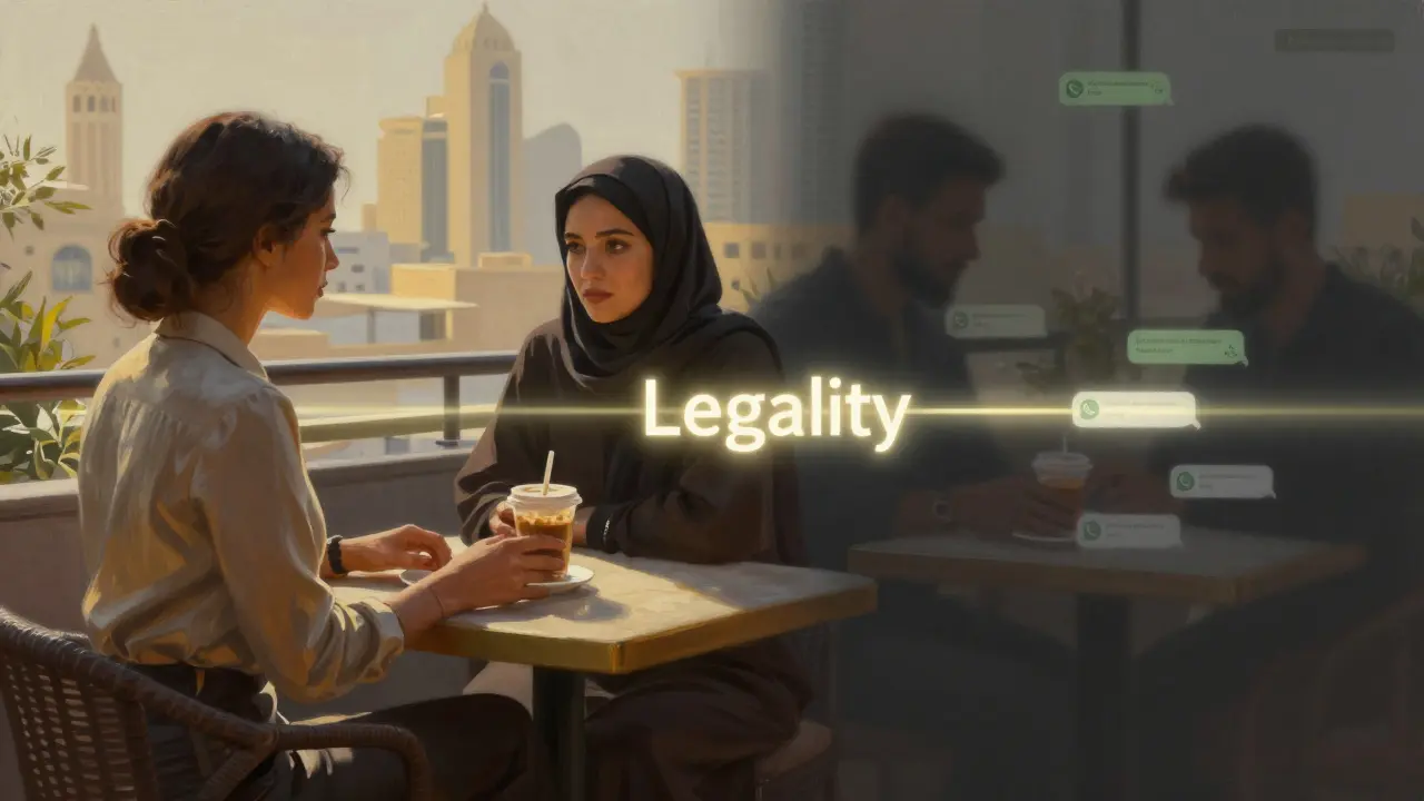 A symbolic split image showing legal companionship on one side and illegal activity on the other in Dubai.