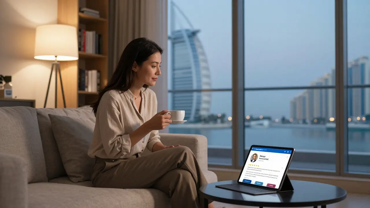 A woman in a minimalist Dubai apartment, reviewing a verified companion profile on a tablet under soft lighting.