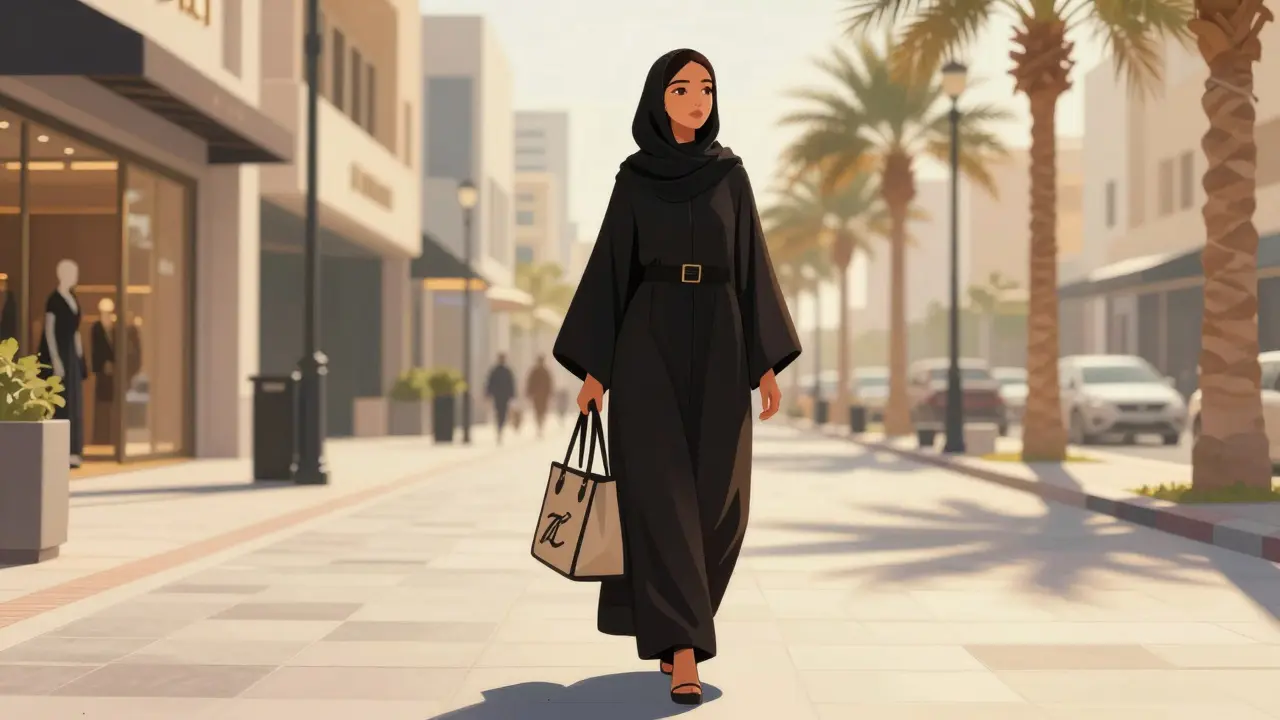 A woman in a modern abaya walking confidently down a Dubai street during a modest fashion shoot.