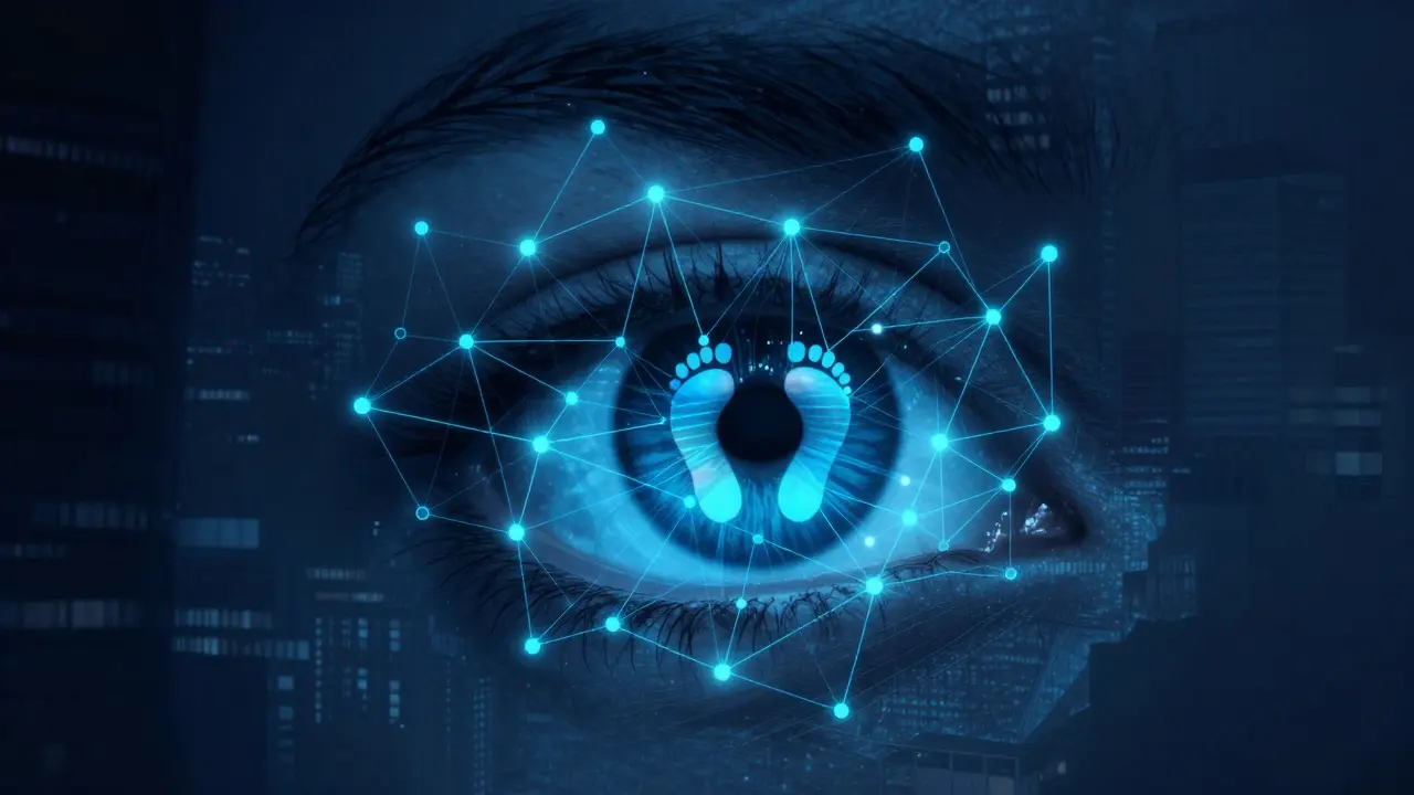 Abstract illustration of an eye reflecting digital network data points.
