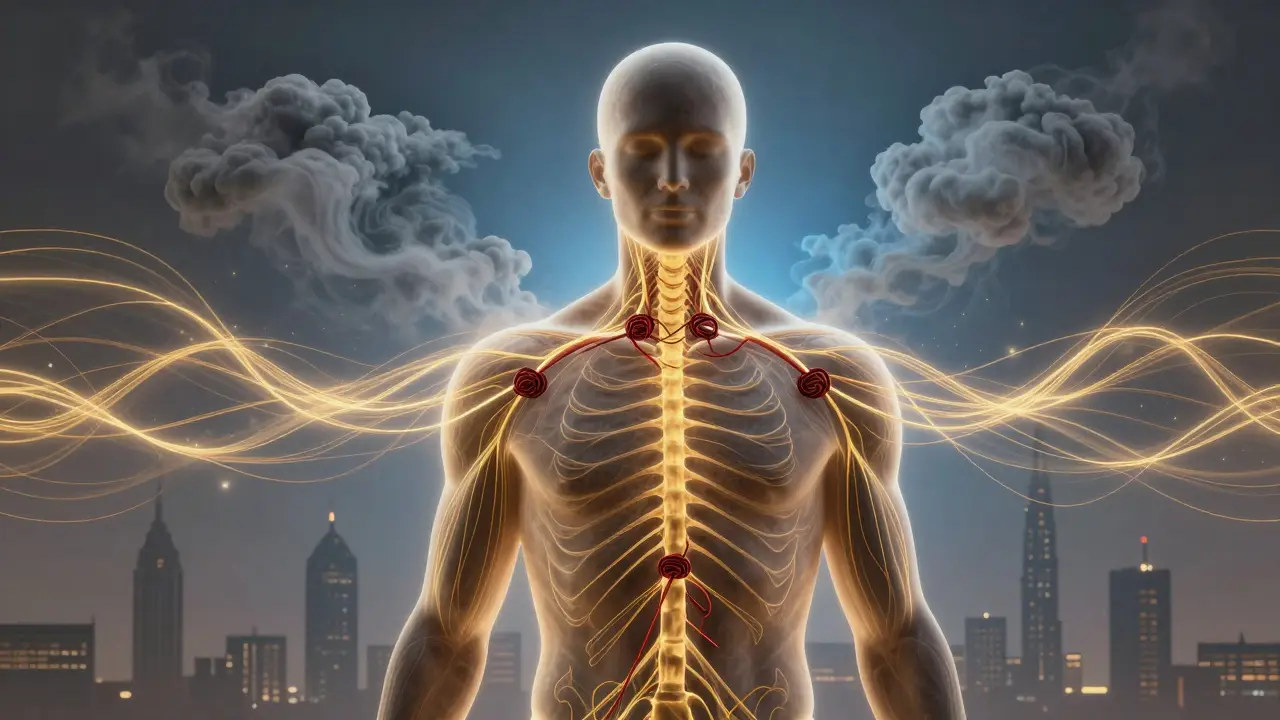 Abstract silhouette showing tension releasing into calming energy waves during a body massage.